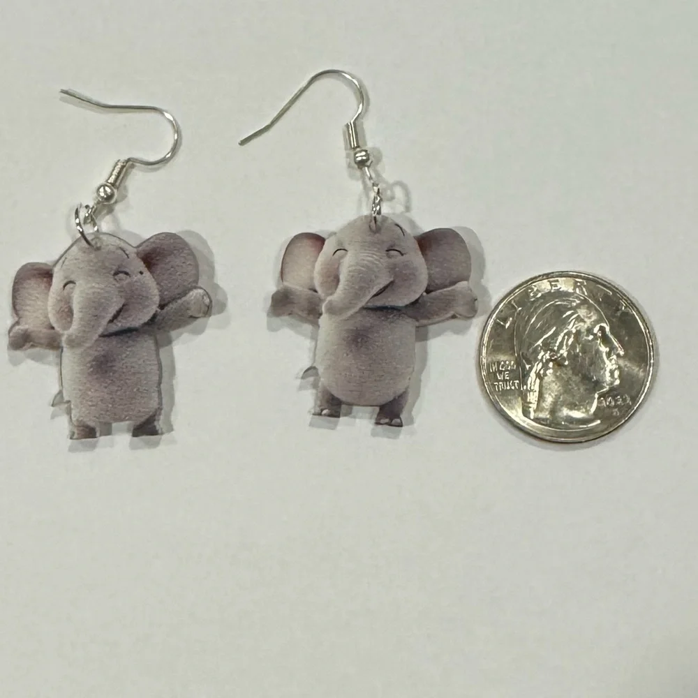 NEW! ELEPHANT Double Side Earrings Gray Dangle Embossed pierced Whimsical NWT